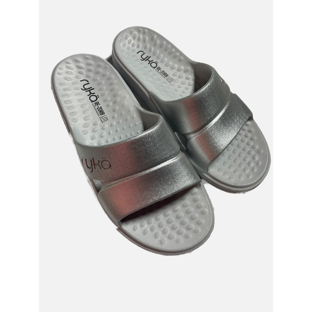 Ryka Re-Zorb Lite Slides Womens 6 Silver Metallic Recovery Sandals Comfort